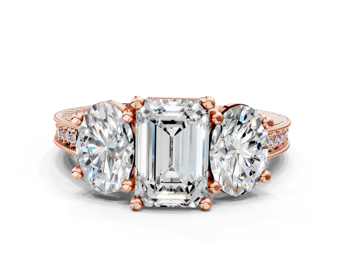 Rose gold Three-Stone Emerald Diamond Milgrain Pave Band with Prong Setting