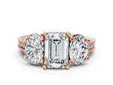 Rose gold Three-Stone Emerald Diamond Milgrain Pave Band with Prong Setting