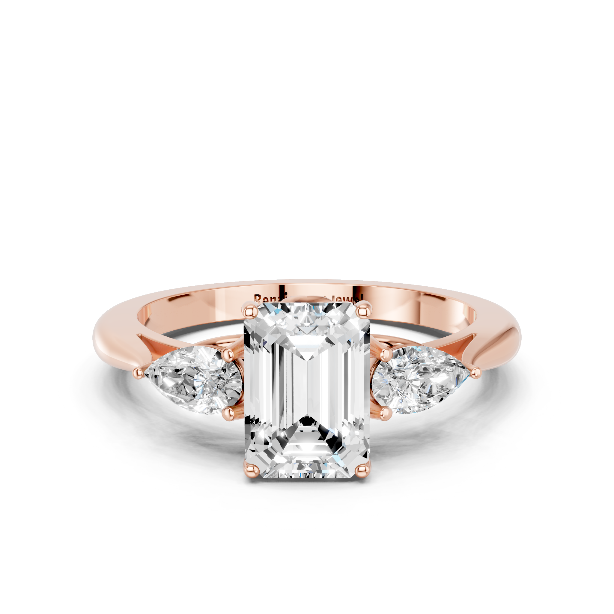 Rose gold Three-Stone Emerald Diamond Solitaire Ring with Pear Side Stones and Four-Prong Setting_14