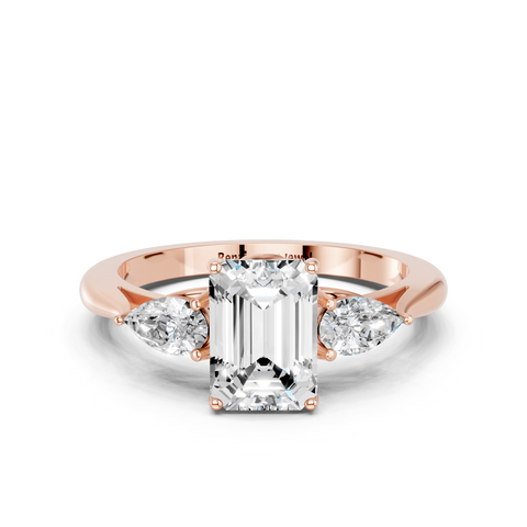 Rose gold Three-Stone Emerald Diamond Solitaire Ring with Pear Side Stones and Four-Prong Setting_14