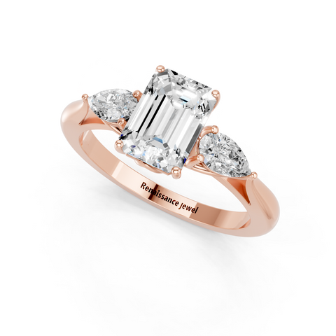 Rose gold Three-Stone Emerald Diamond Solitaire Ring with Pear Side Stones and Four-Prong Setting_3