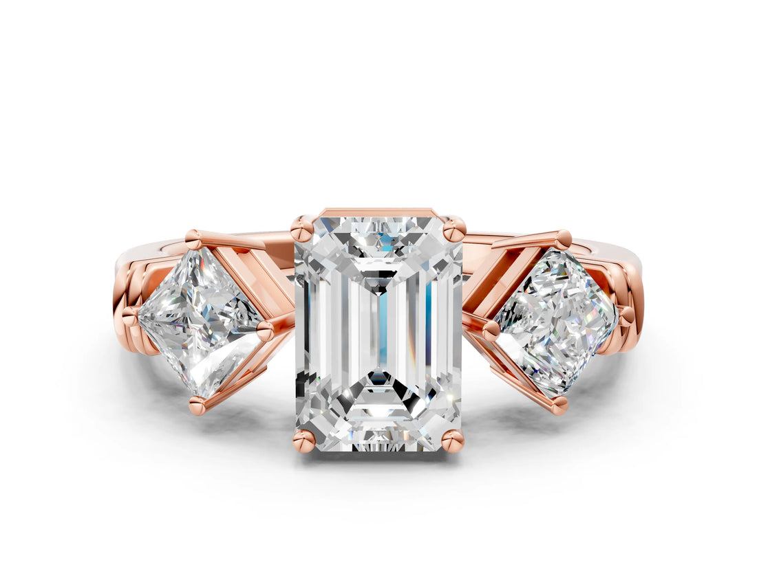 Rose gold Three-Stone Emerald and Princess Cut Diamond Ring with Channel Band and Four-Prong Setting_16