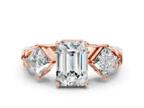 Rose gold Three-Stone Emerald and Princess Cut Diamond Ring with Channel Band and Four-Prong Setting_16