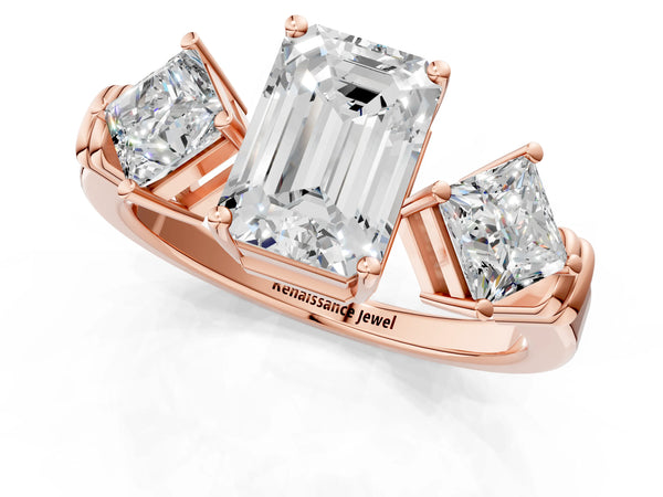 Rose gold Three-Stone Emerald and Princess Cut Diamond Ring with Channel Band and Four-Prong Setting