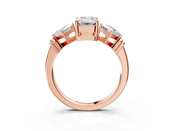 Rose gold Three-Stone Emerald and Princess Cut Diamond Ring with Channel Band and Four-Prong Setting