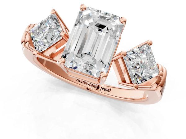 Rose gold Three-Stone Emerald and Princess Cut Diamond Ring with Channel Band and Four-Prong Setting