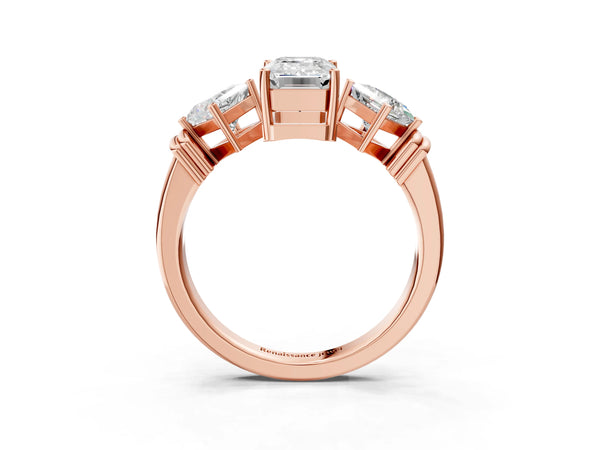 Rose gold Three-Stone Emerald and Princess Cut Diamond Ring with Channel Band and Four-Prong Setting