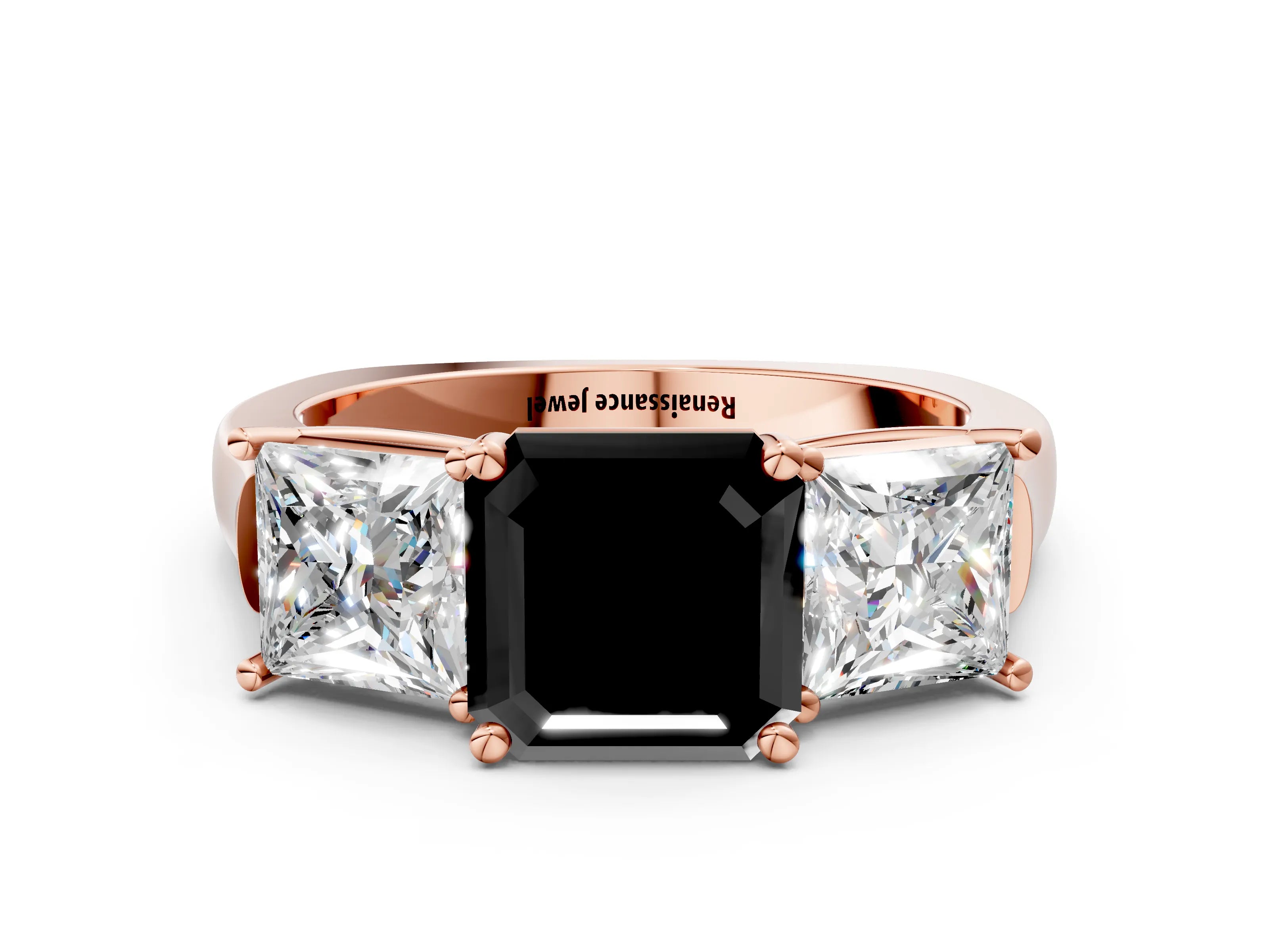 Rose gold Three-Stone Fancy Black Asscher Cut Brilliant Diamond Trellis Ring with Comfort Fit Band