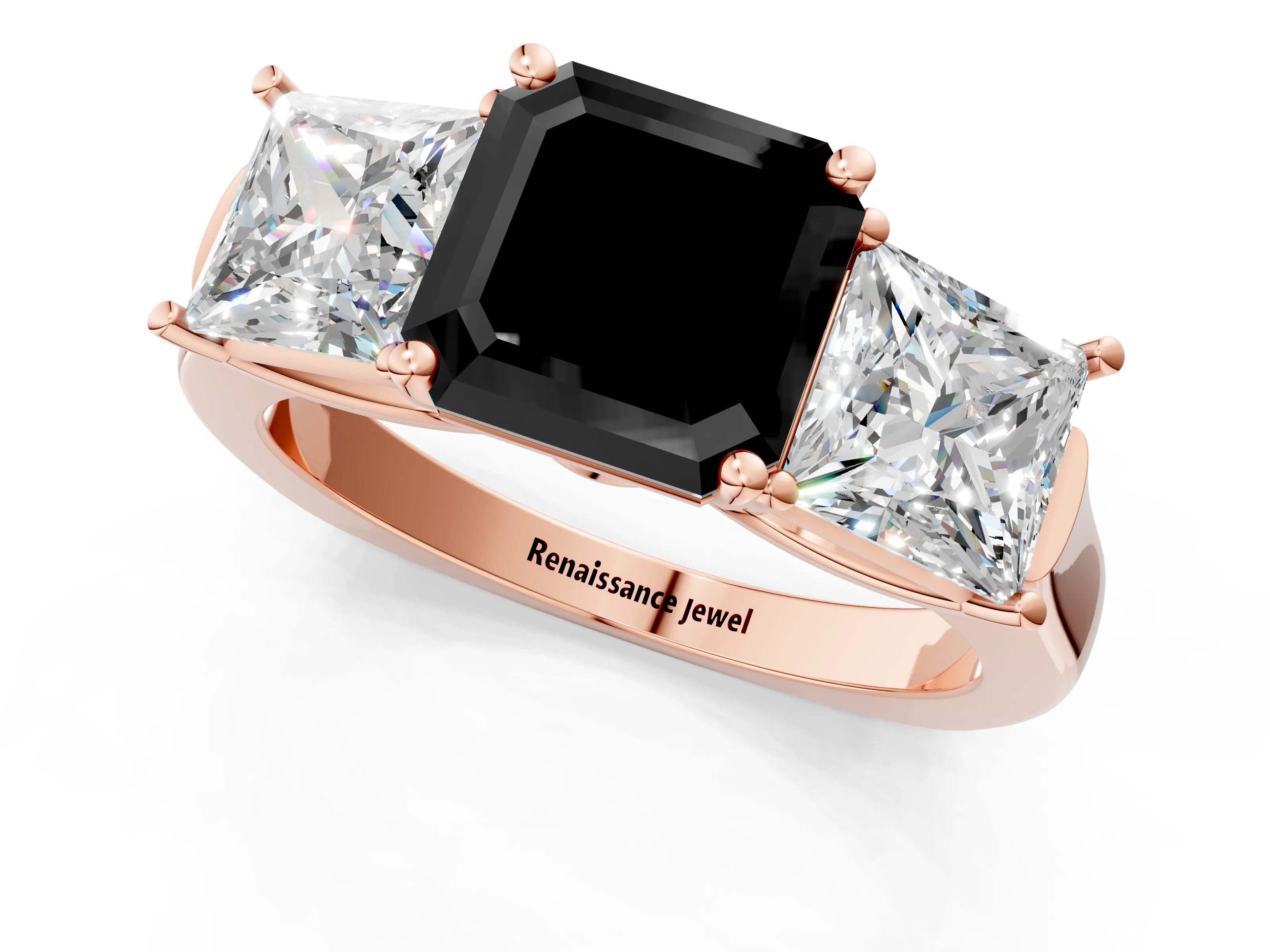 Rose gold Three-Stone Fancy Black Asscher Cut Brilliant Diamond Trellis Ring with Comfort Fit Band_1