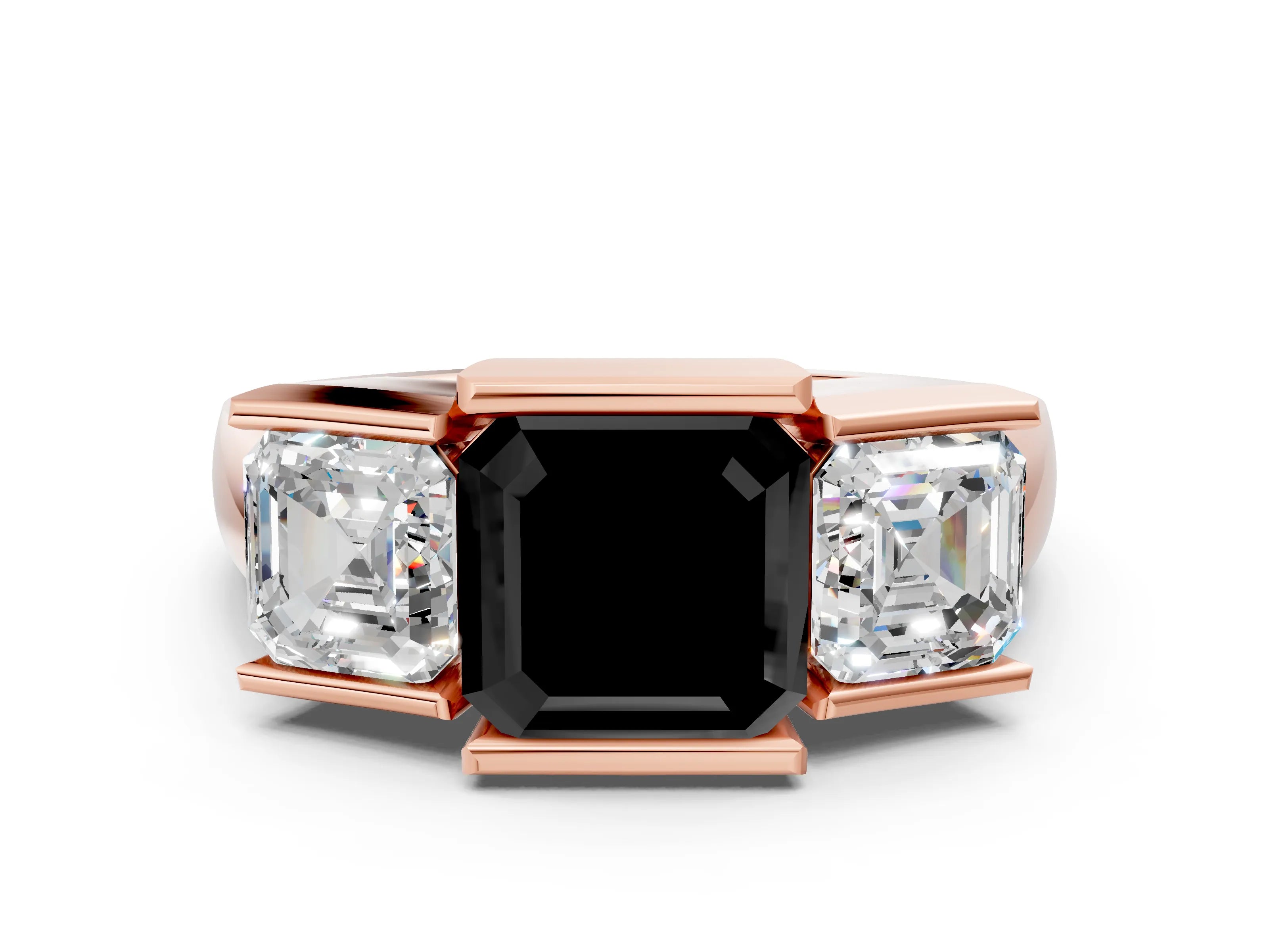 Rose gold Three Stone Fancy Black Asscher Cut Cut Channel Set Diamond Ring