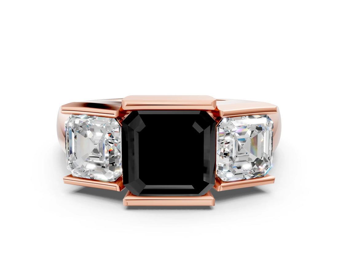 Rose gold Three Stone Fancy Black Asscher Cut Cut Channel Set Diamond Ring