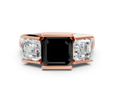 Rose gold Three Stone Fancy Black Asscher Cut Cut Channel Set Diamond Ring