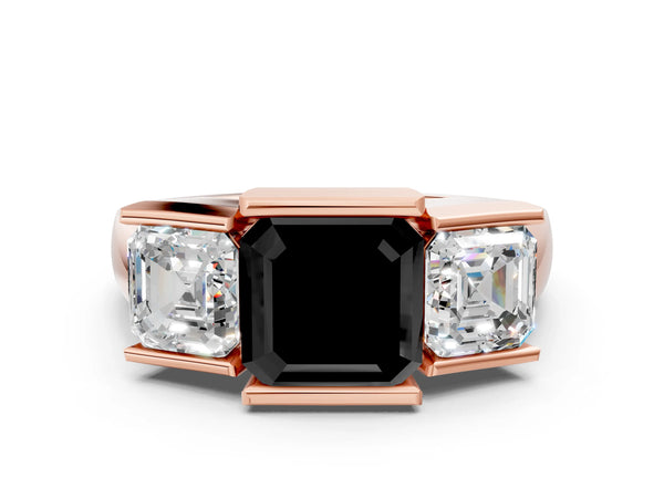 Rose Gold Asscher Cut Channel Set Three Stone Engagement Ring Setting for Black Center