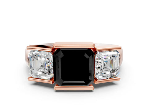 Rose gold Three Stone Fancy Black Asscher Cut Cut Channel Set Diamond Ring