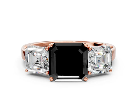Rose gold Three-Stone Fancy Black Asscher Cut Cut Diamond Engagement Ring with Flat Band and Four-Prong Setting