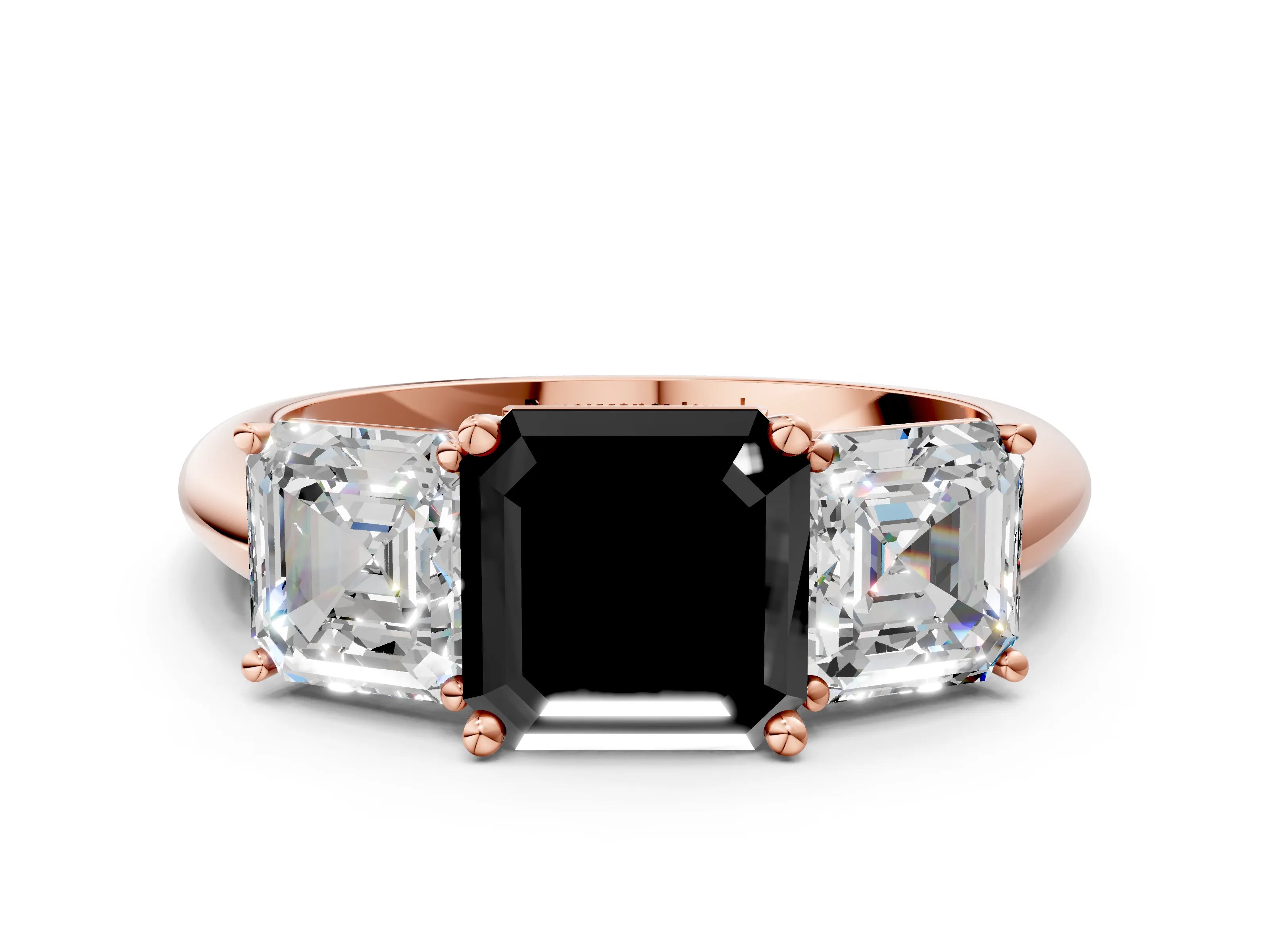 Rose gold Three-Stone Fancy Black Asscher Cut Cut Diamond Engagement Ring with Prong Setting on a White Gold Band