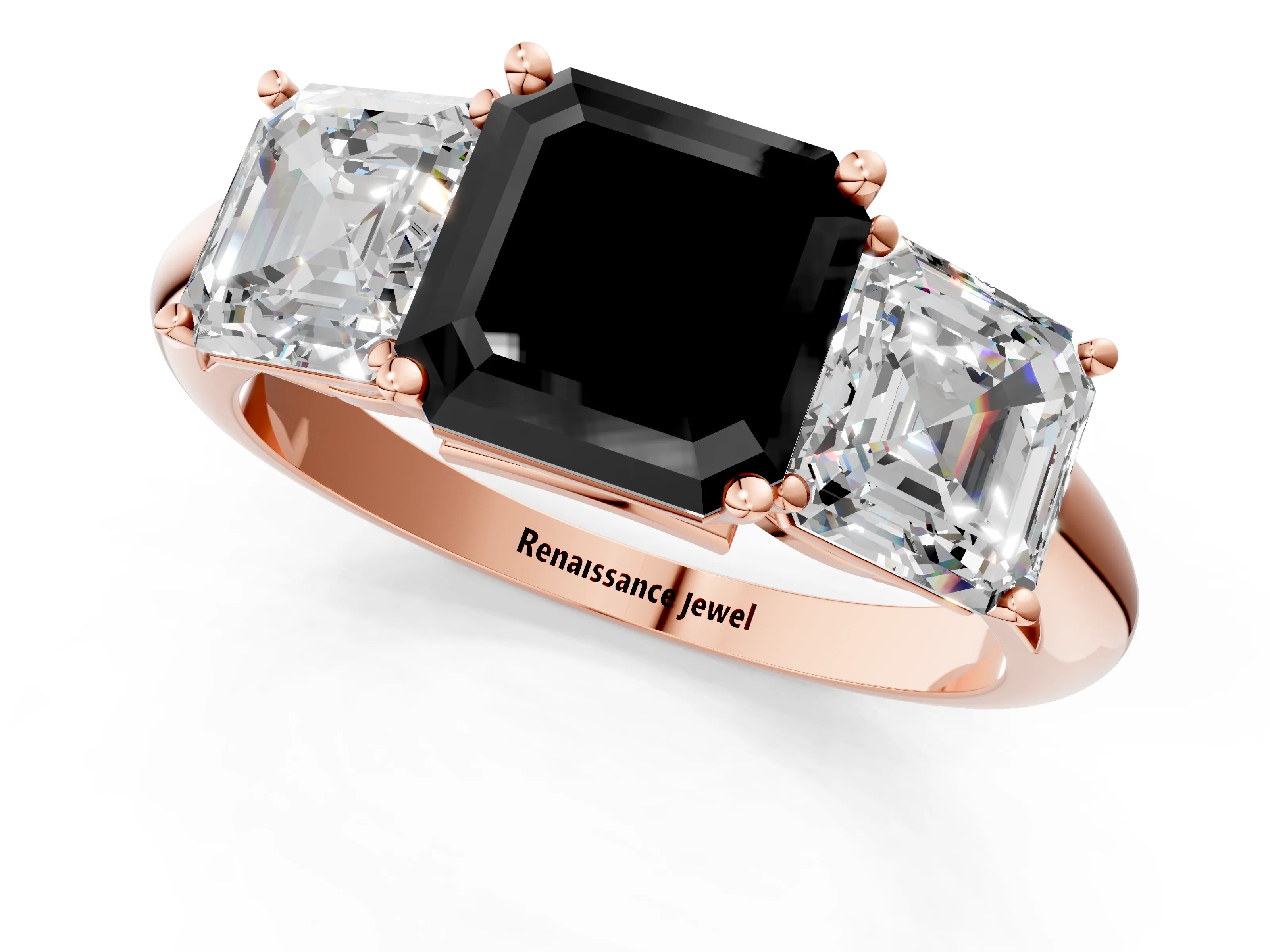 Rose gold Three-Stone Fancy Black Asscher Cut Cut Diamond Engagement Ring with Prong Setting on a White Gold Band_1