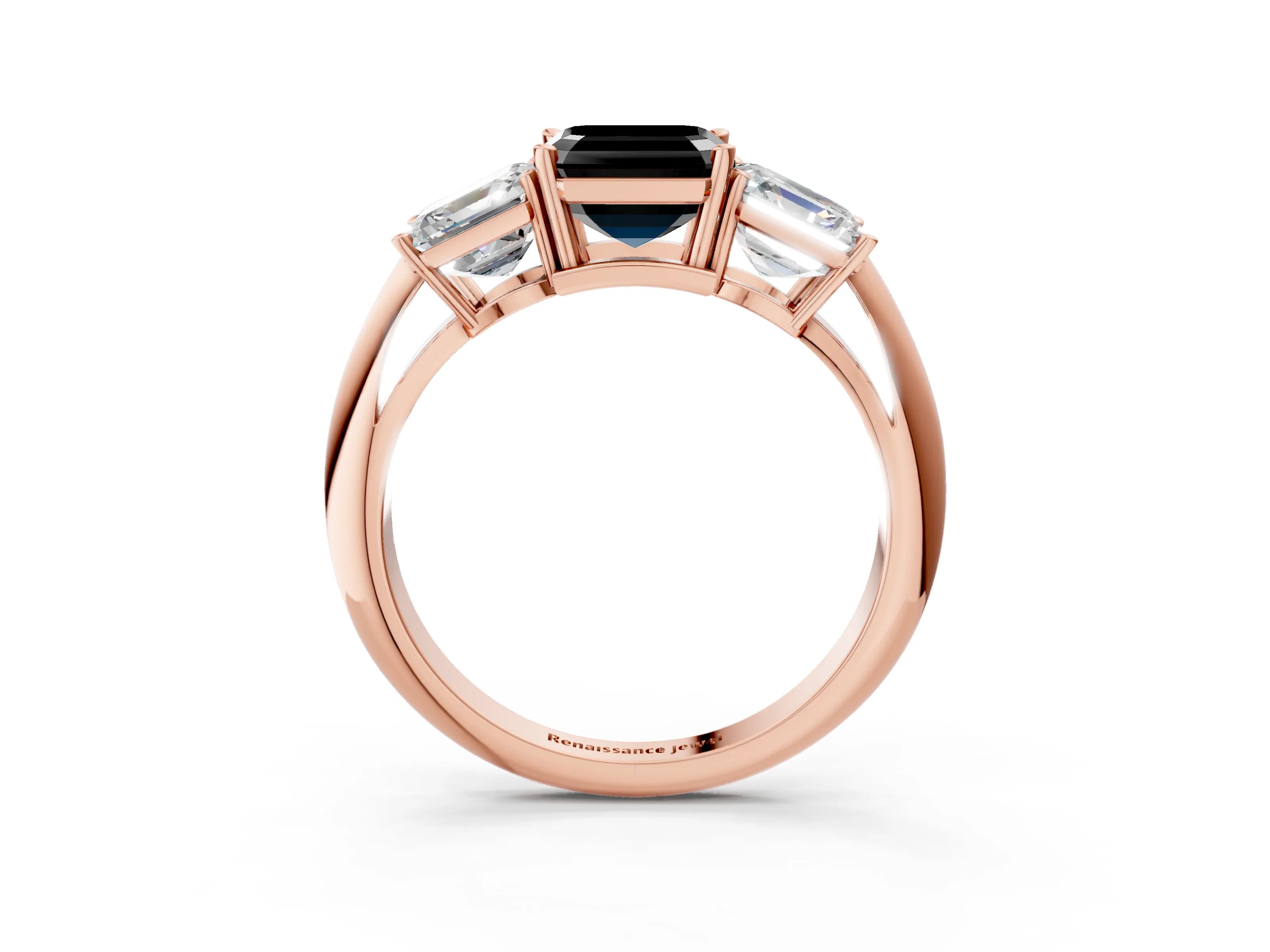 Rose gold Three-Stone Fancy Black Asscher Cut Cut Diamond Engagement Ring with Prong Setting on a White Gold Band_3
