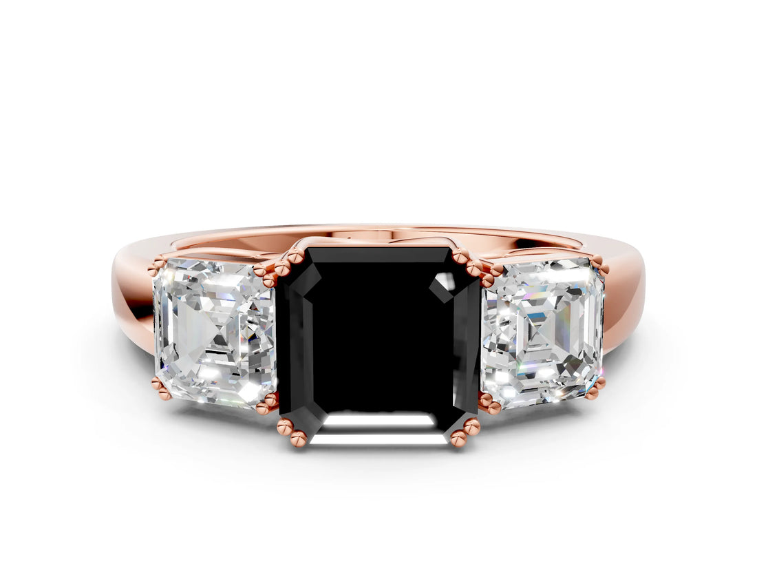 Rose gold Three-Stone Fancy Black Asscher Cut Cut Diamond Ring with Channel Set Band and Four-Prong Setting_24