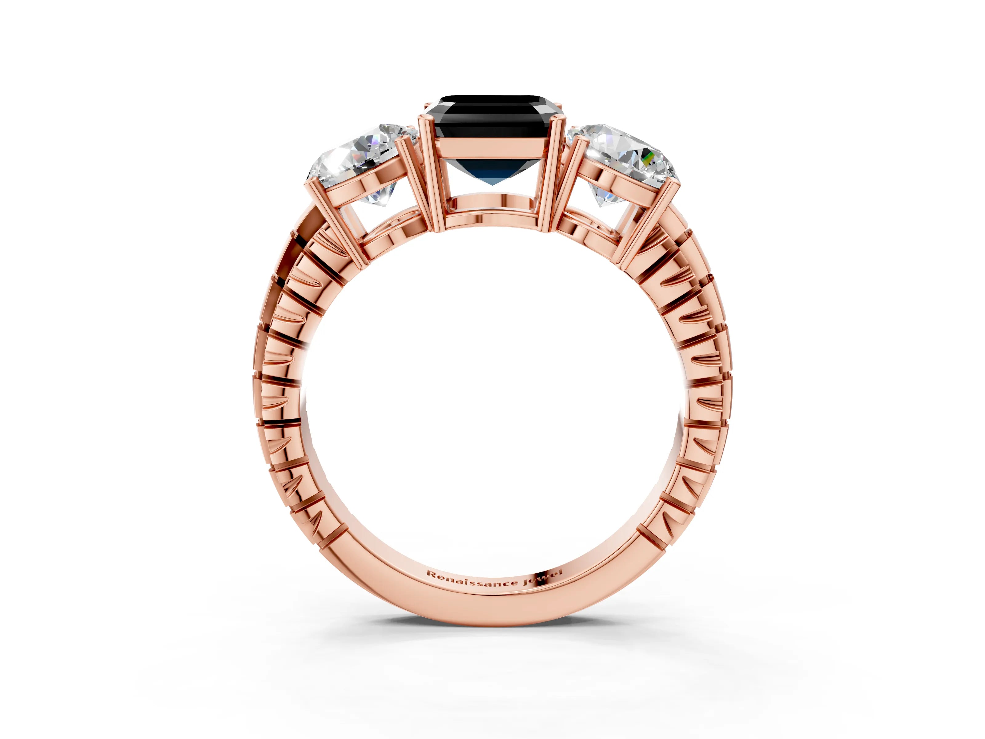 Rose gold Three-Stone Fancy Black Asscher Cut Cut Diamond Ring with Channel-Set Band and Prong Setting_3