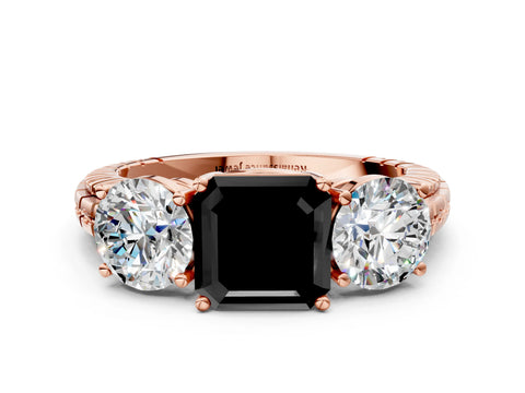 Rose gold Three-Stone Fancy Black Asscher Cut Cut Diamond Ring with Channel-Set Band and Prong Setting