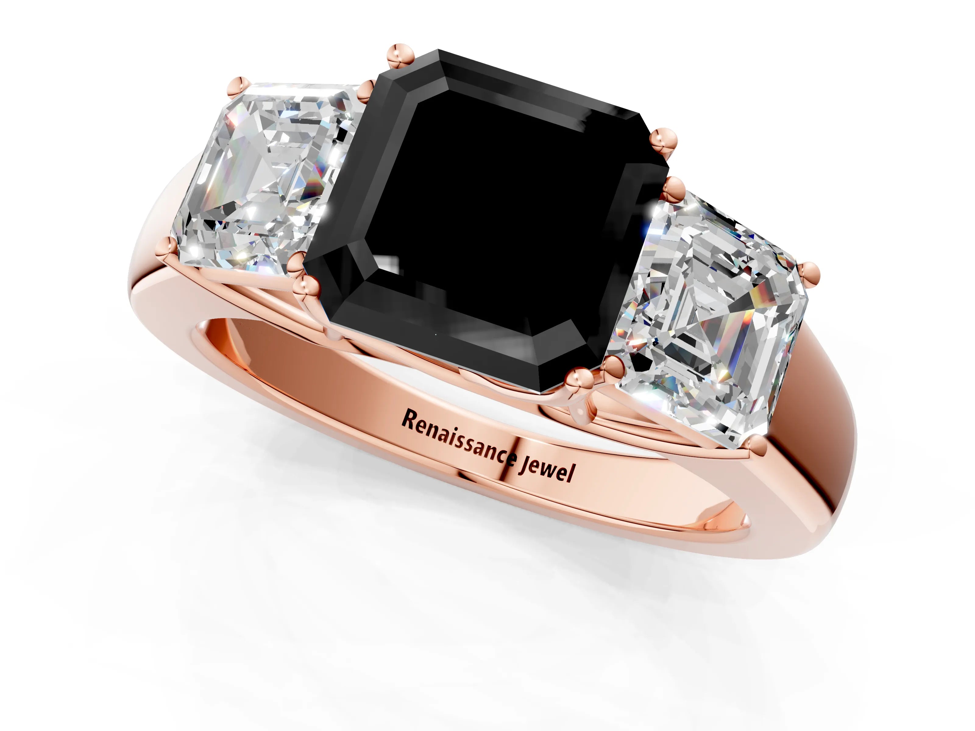 Rose gold Three-Stone Fancy Black Asscher Cut Cut Diamond Ring with Prong Setting and Classic Band_1