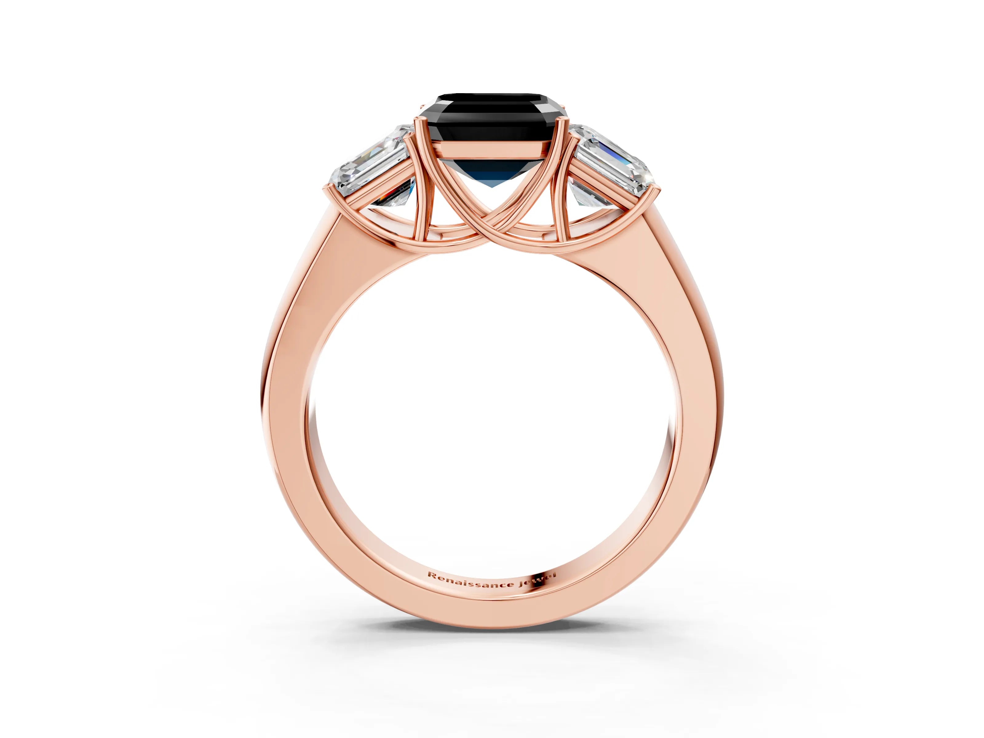 Rose gold Three-Stone Fancy Black Asscher Cut Cut Diamond Ring with Prong Setting and Classic Band_3