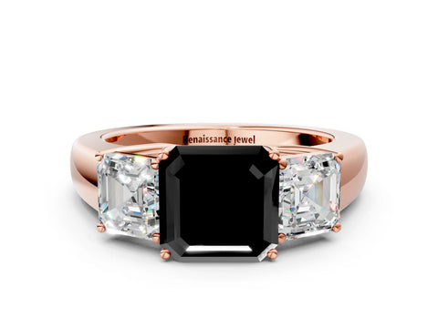 Rose gold Three-Stone Fancy Black Asscher Cut Cut Diamond Ring with Prong Setting and Classic Band