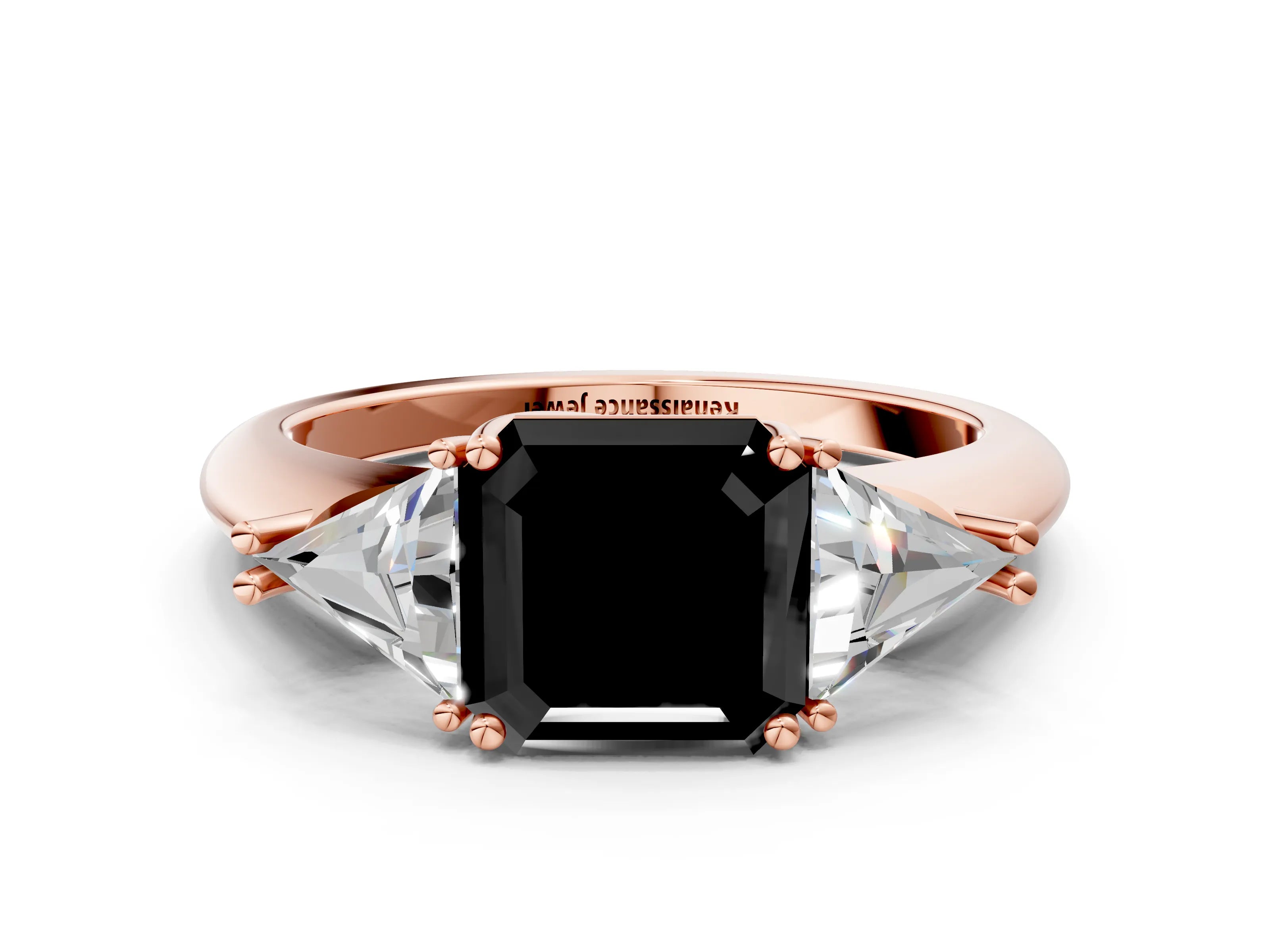 Rose gold Three-Stone Fancy Black Asscher Cut Cut Diamond Ring with Trillion Side Stones and Four-Prong Setting_3