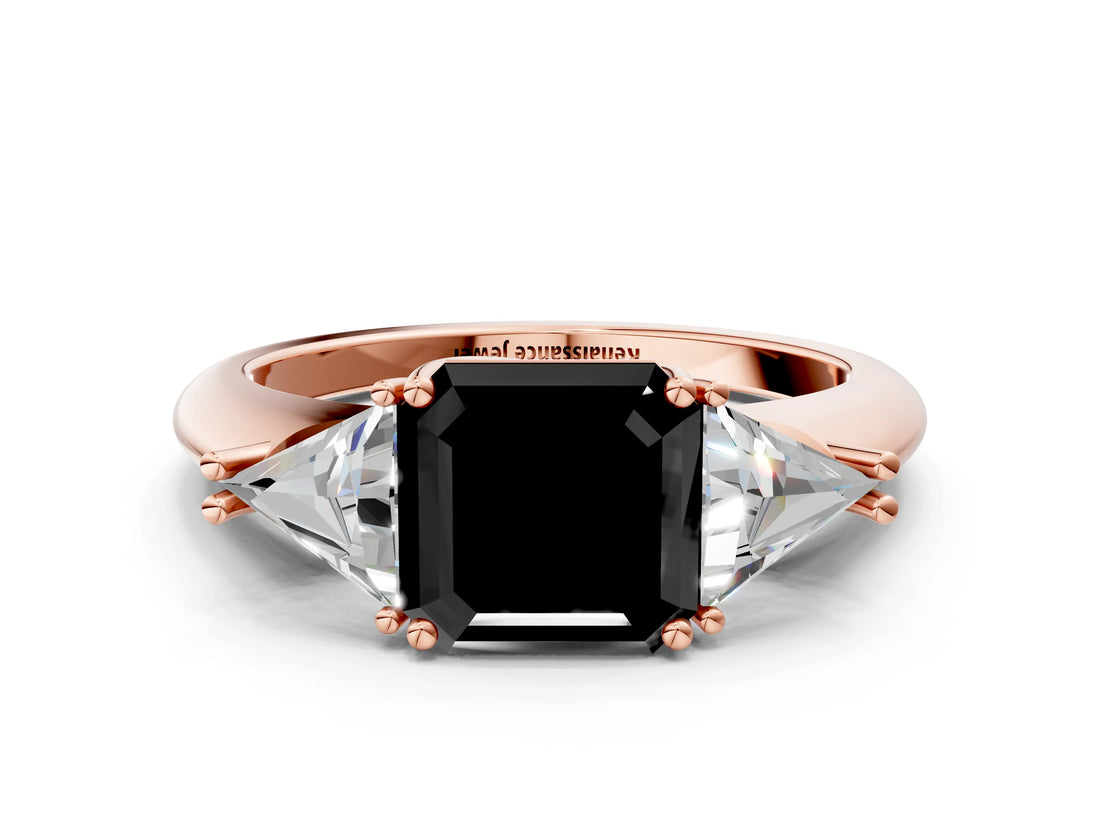 Rose gold Three-Stone Fancy Black Asscher Cut Cut Diamond Ring with Trillion Side Stones and Four-Prong Setting_3