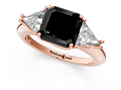 Rose gold Three-Stone Fancy Black Asscher Cut Cut Diamond Ring with Trillion Side Stones and Four-Prong Setting_4