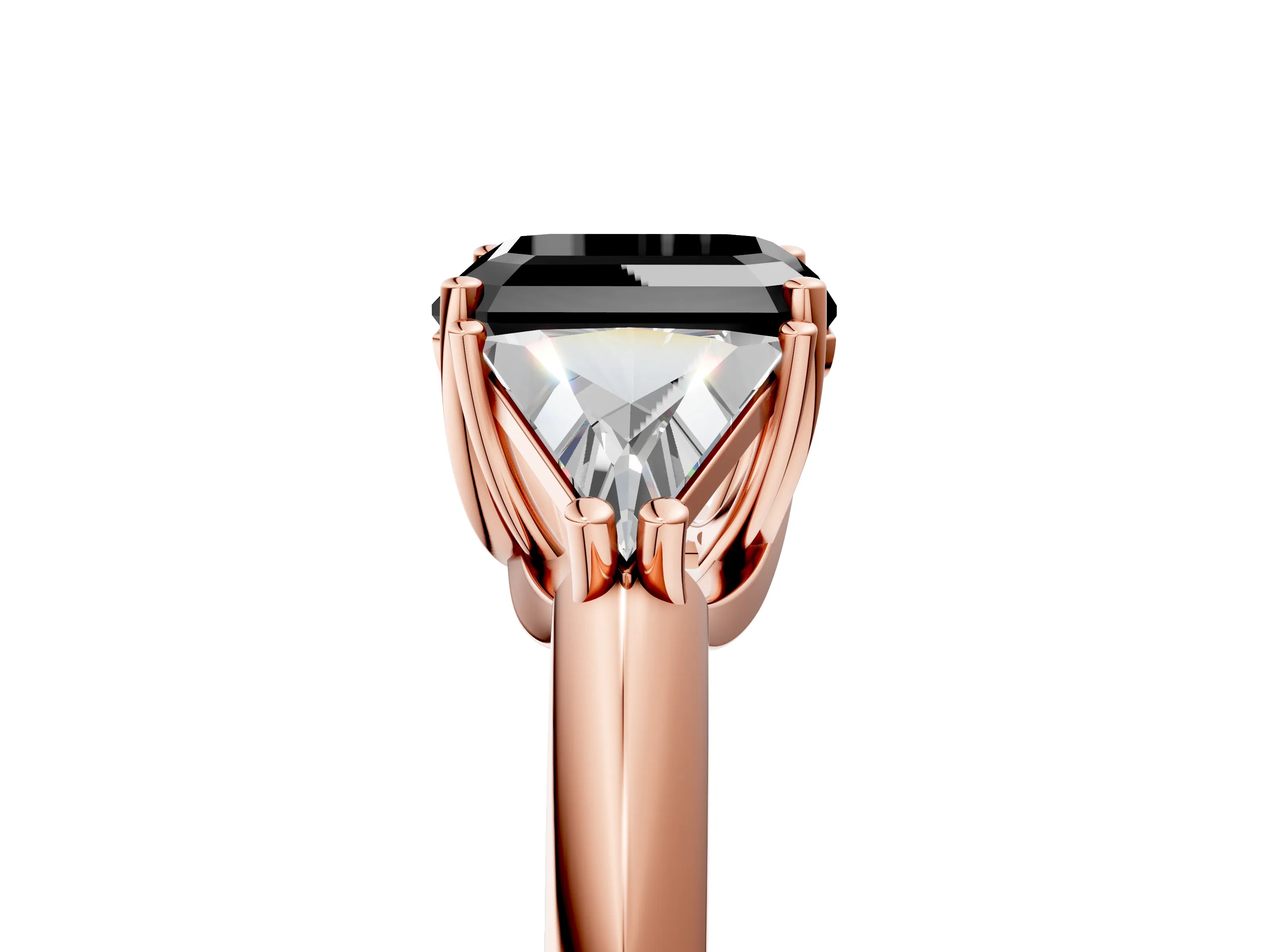 Rose gold Three-Stone Fancy Black Asscher Cut Cut Diamond Ring with Trillion Side Stones and Four-Prong Setting_8