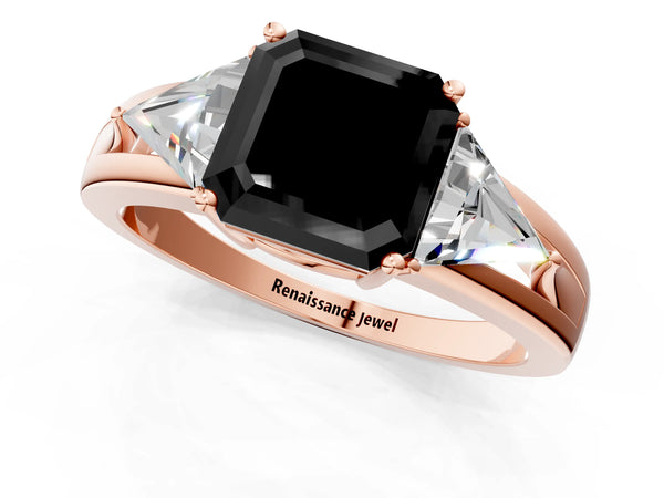Rose Gold Asscher Cut Trillion Three Stone Engagement Ring Setting for Black Center