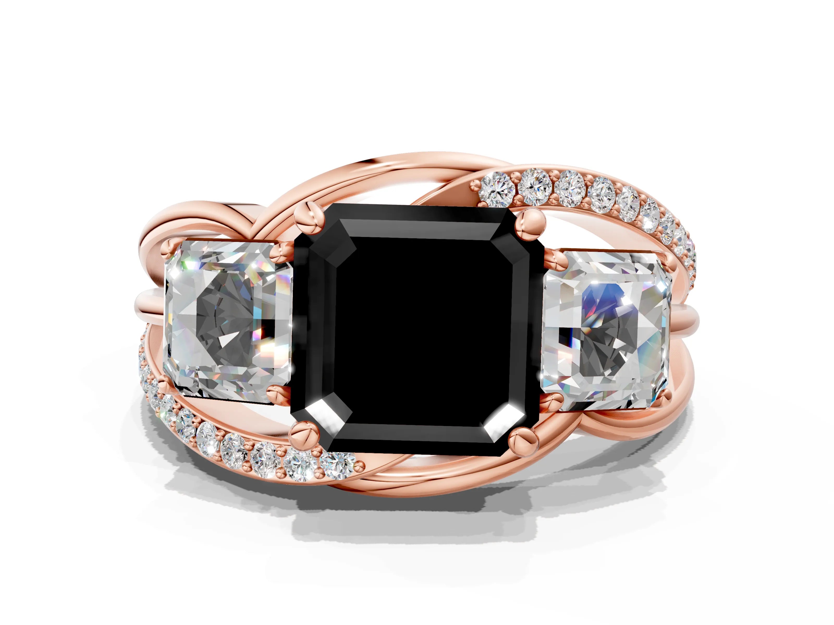 Rose gold Three-Stone Fancy Black Asscher Cut Cut Diamond Split Shank Prong Set Ring