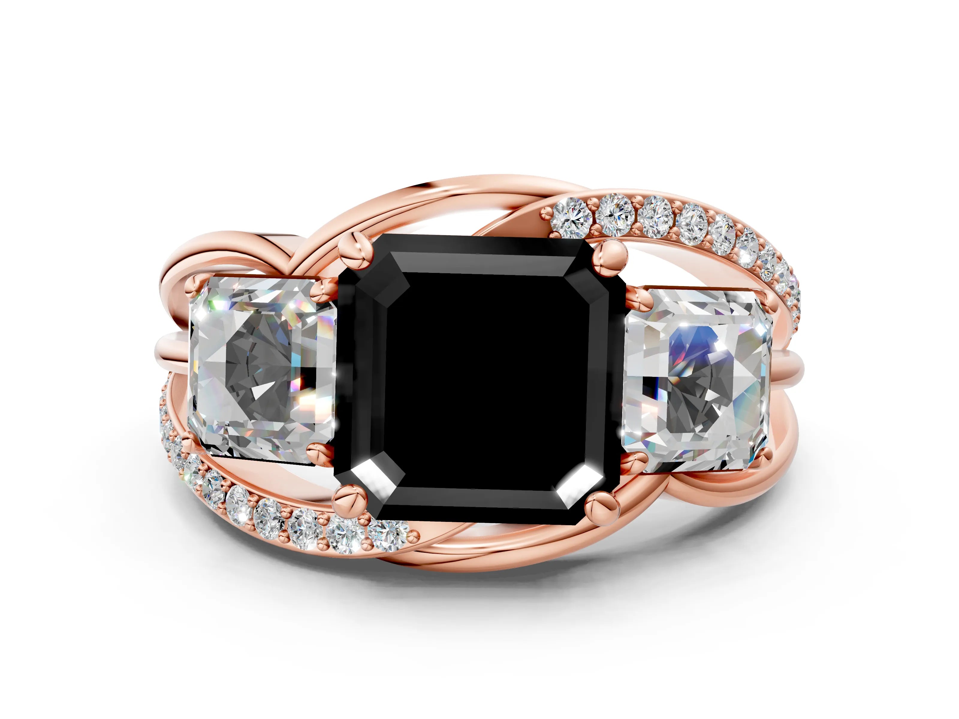 Rose gold Three-Stone Fancy Black Asscher Cut Cut Diamond Split Shank Prong Set Ring_12
