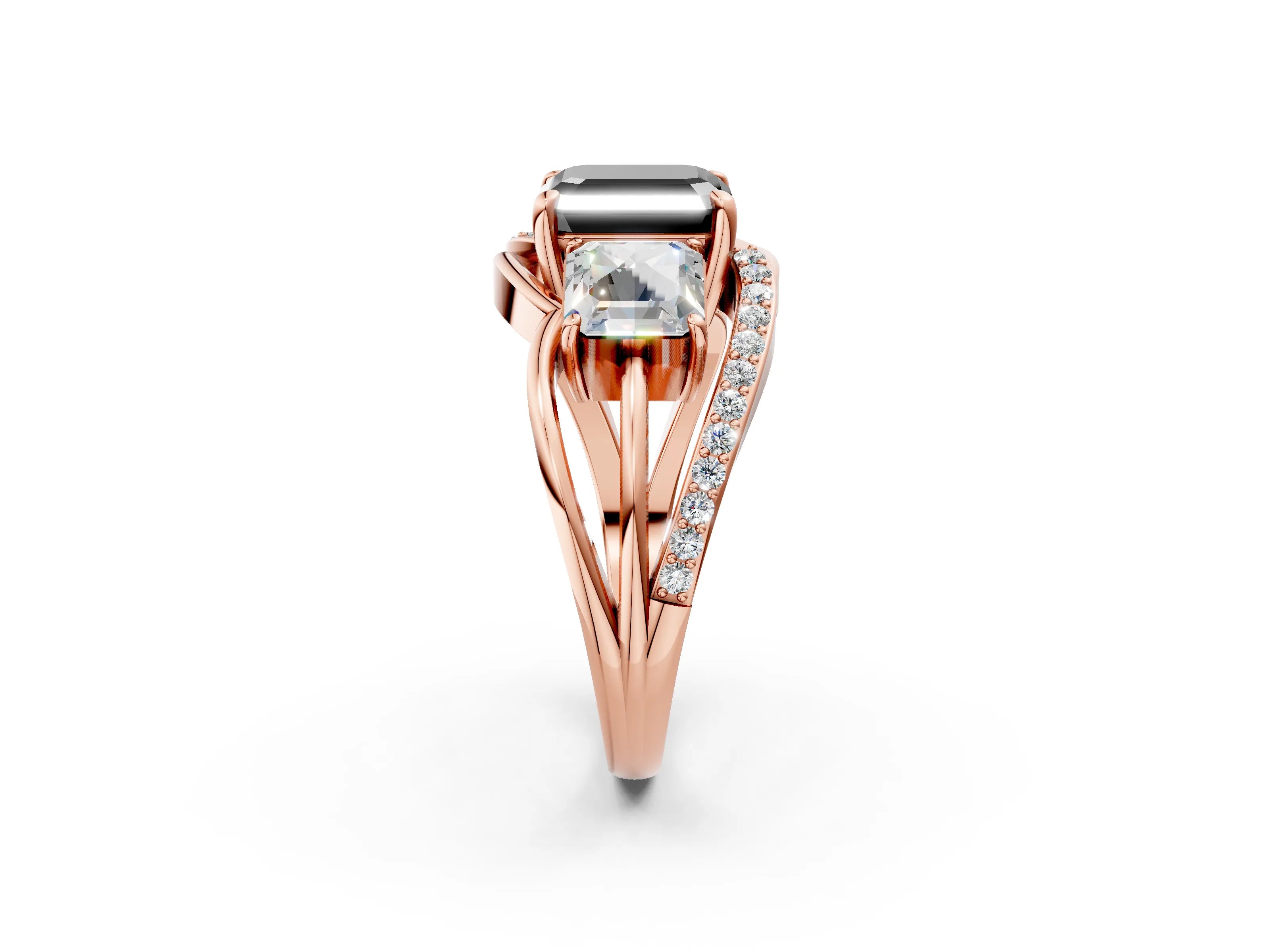 Rose gold Three-Stone Fancy Black Asscher Cut Cut Diamond Split Shank Prong Set Ring_14