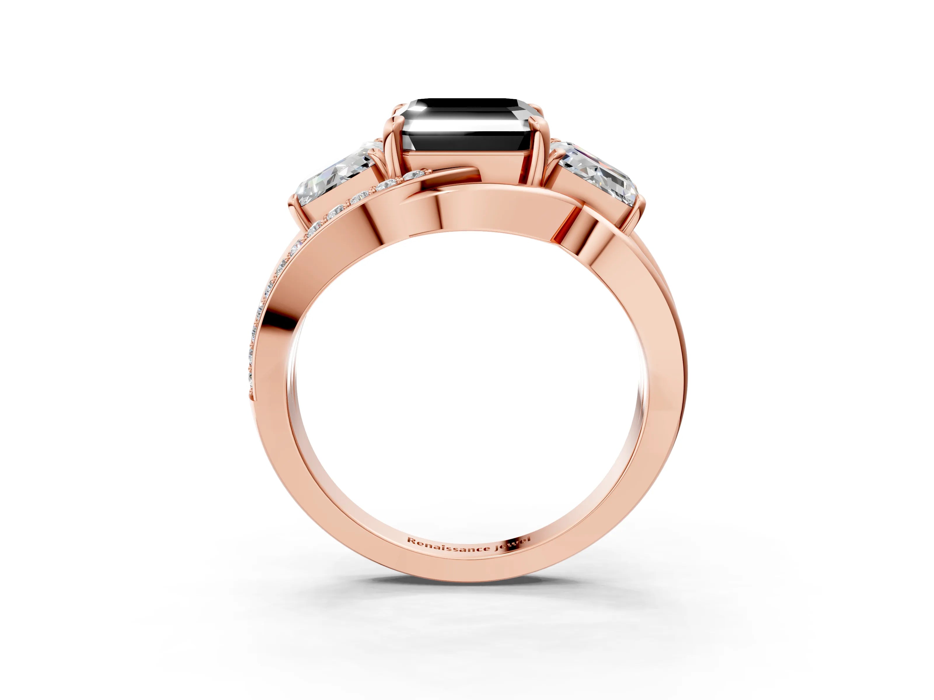Rose gold Three-Stone Fancy Black Asscher Cut Cut Diamond Split Shank Prong Set Ring_15