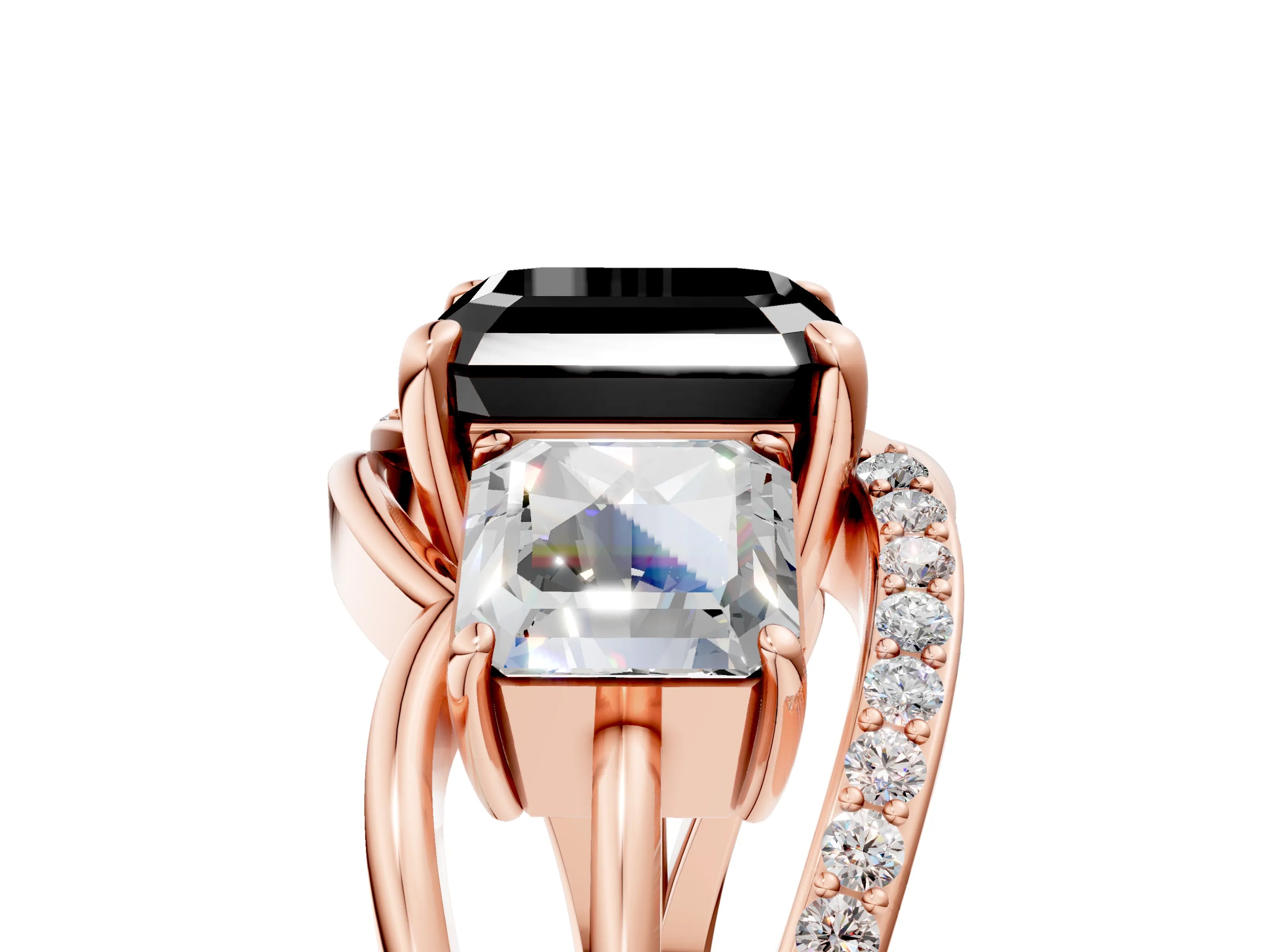 Rose gold Three-Stone Fancy Black Asscher Cut Cut Diamond Split Shank Prong Set Ring_17