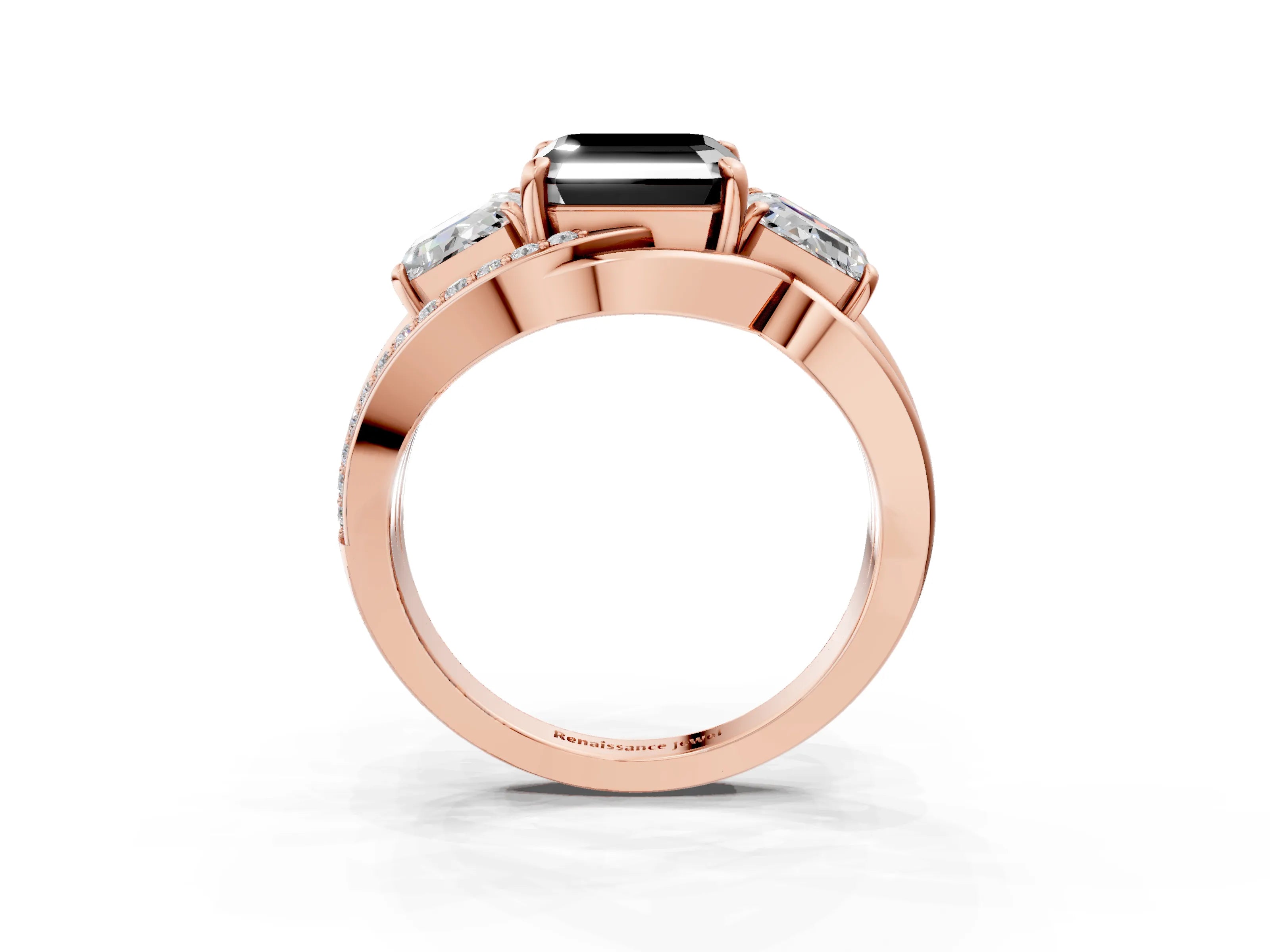Rose gold Three-Stone Fancy Black Asscher Cut Cut Diamond Split Shank Prong Set Ring_3