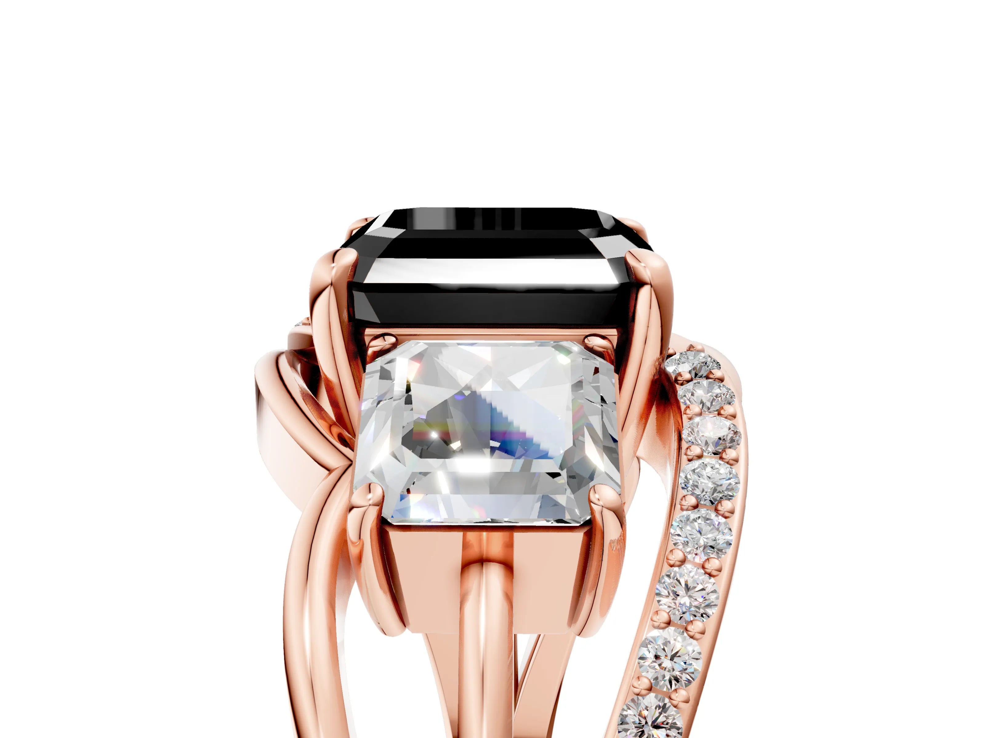 Rose gold Three-Stone Fancy Black Asscher Cut Cut Diamond Split Shank Prong Set Ring_5