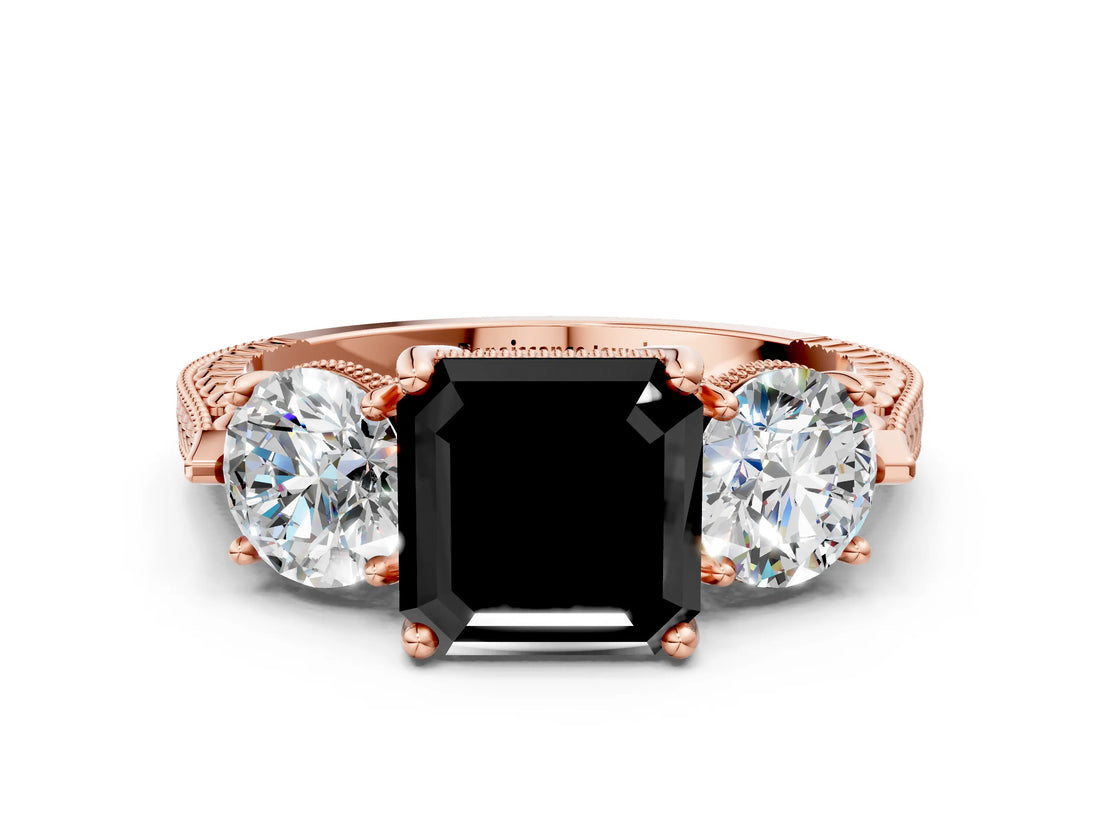 Rose gold Three-Stone Fancy Black Asscher Cut Cut Milgrain Band Prong Setting Ring