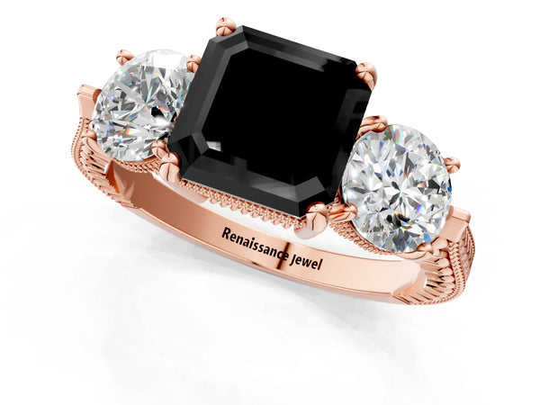 Rose Gold Asscher Cut Vintage Three Stone Engagement Ring Setting for Black Center