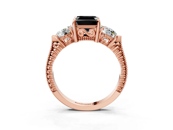 Rose Gold Asscher Cut Vintage Three Stone Engagement Ring Setting for Black Center