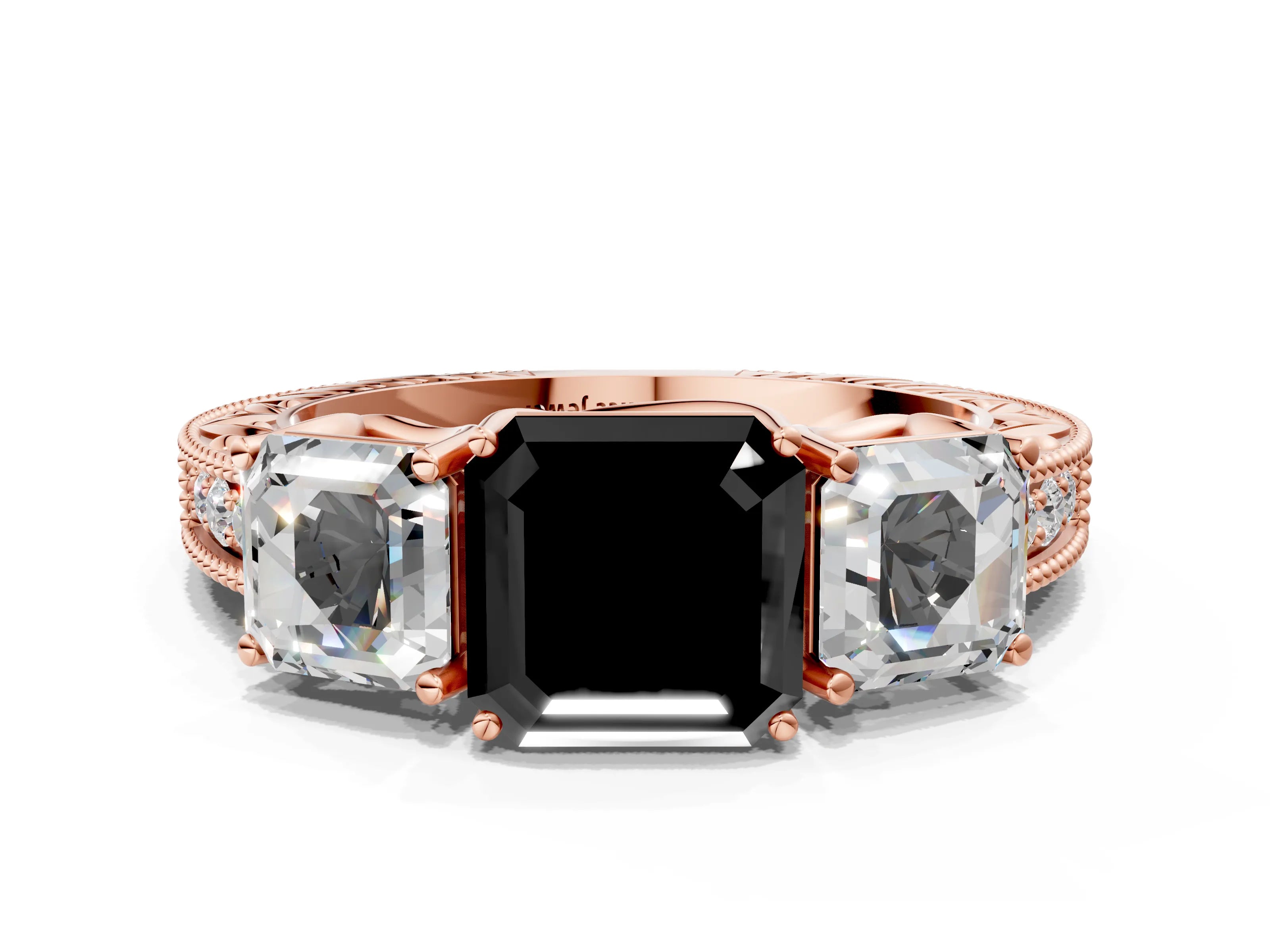 Rose gold Three-Stone Fancy Black Asscher Cut Cut Milgrain Pavé Engagement Ring