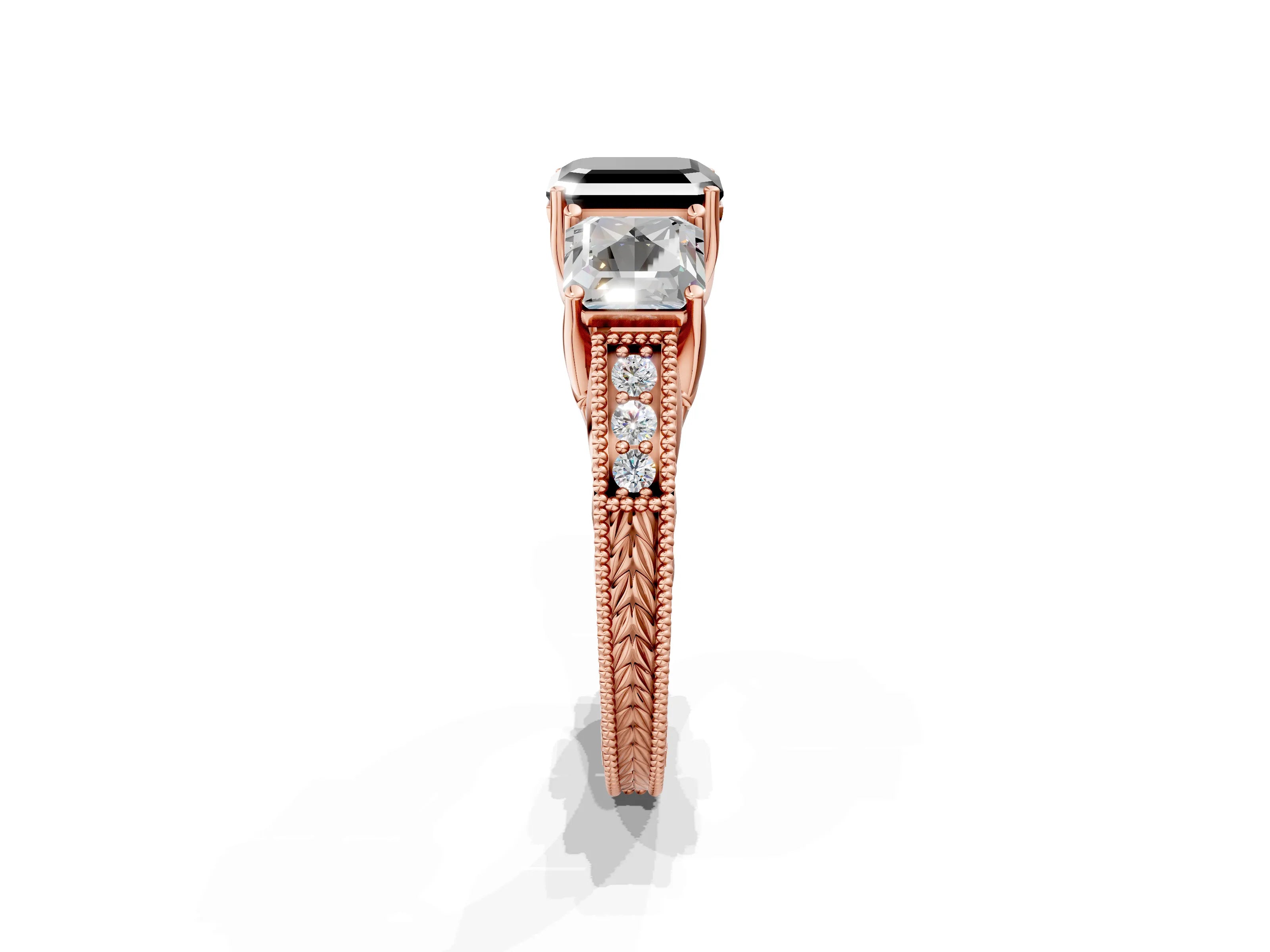 Rose gold Three-Stone Fancy Black Asscher Cut Cut Milgrain Pavé Engagement Ring_1
