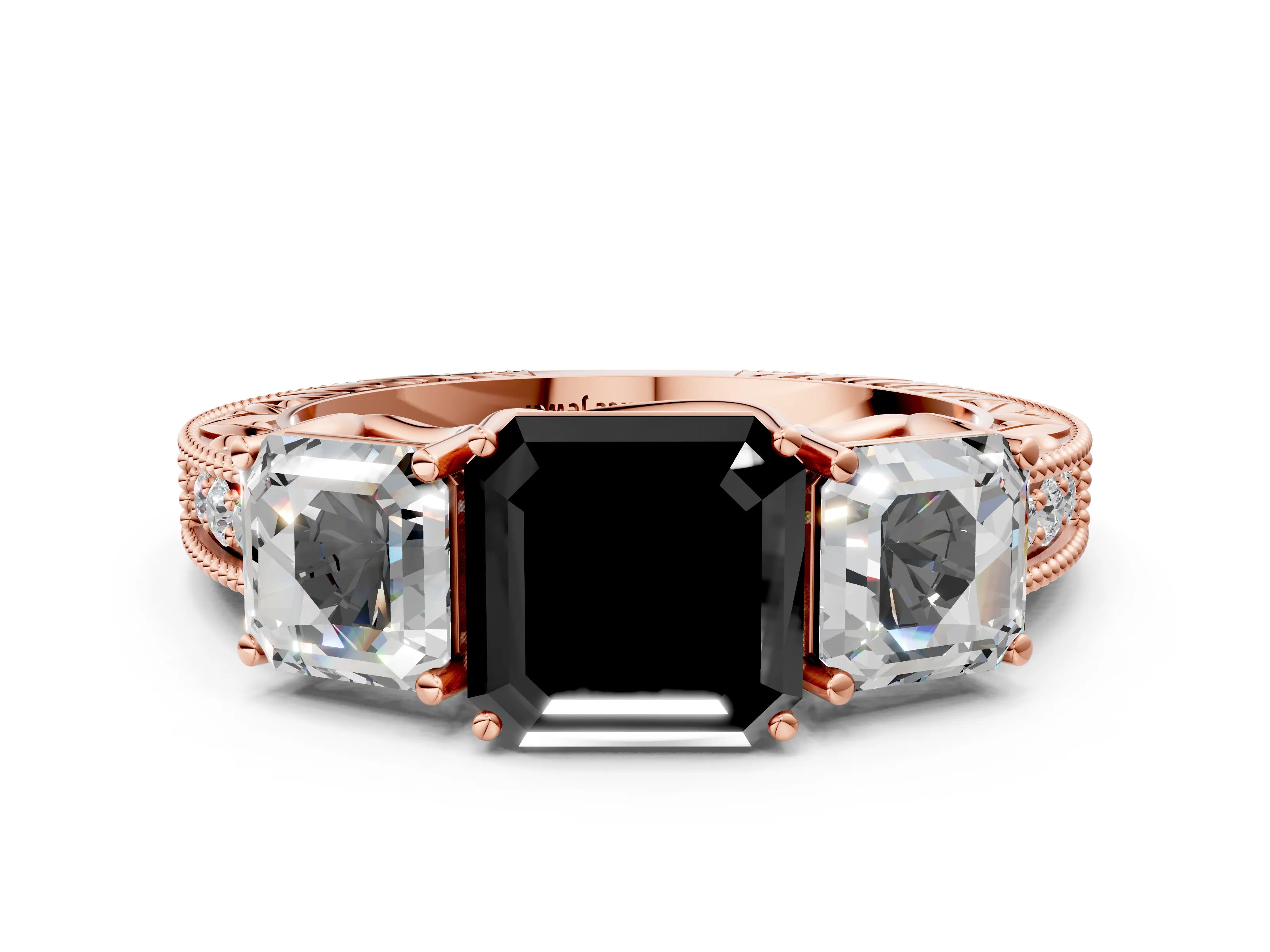 Rose gold Three-Stone Fancy Black Asscher Cut Cut Milgrain Pavé Engagement Ring_12