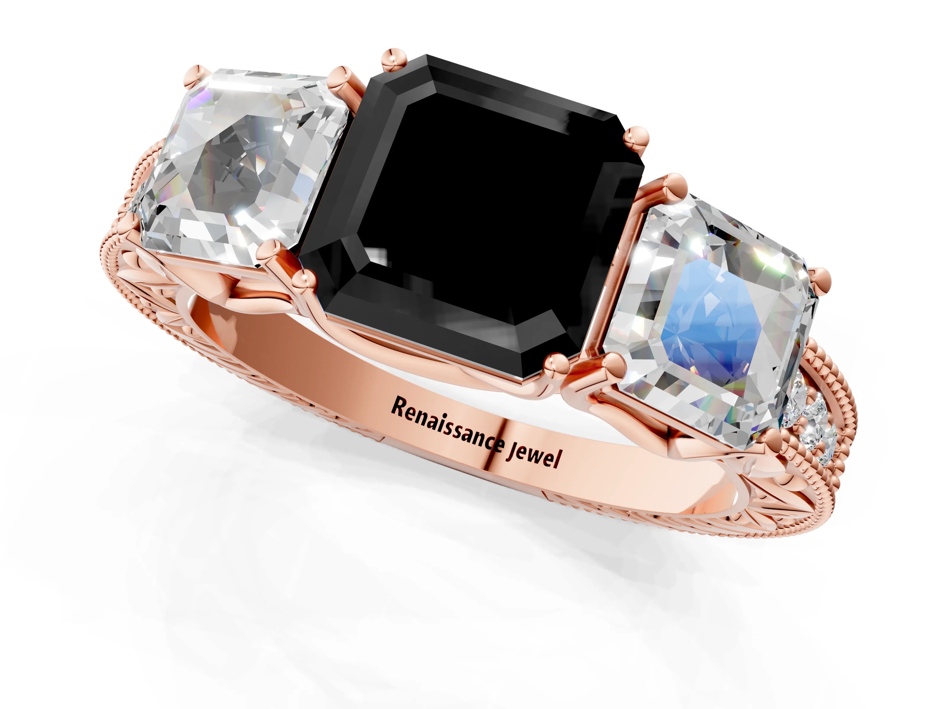 Rose gold Three-Stone Fancy Black Asscher Cut Cut Milgrain Pavé Engagement Ring_13