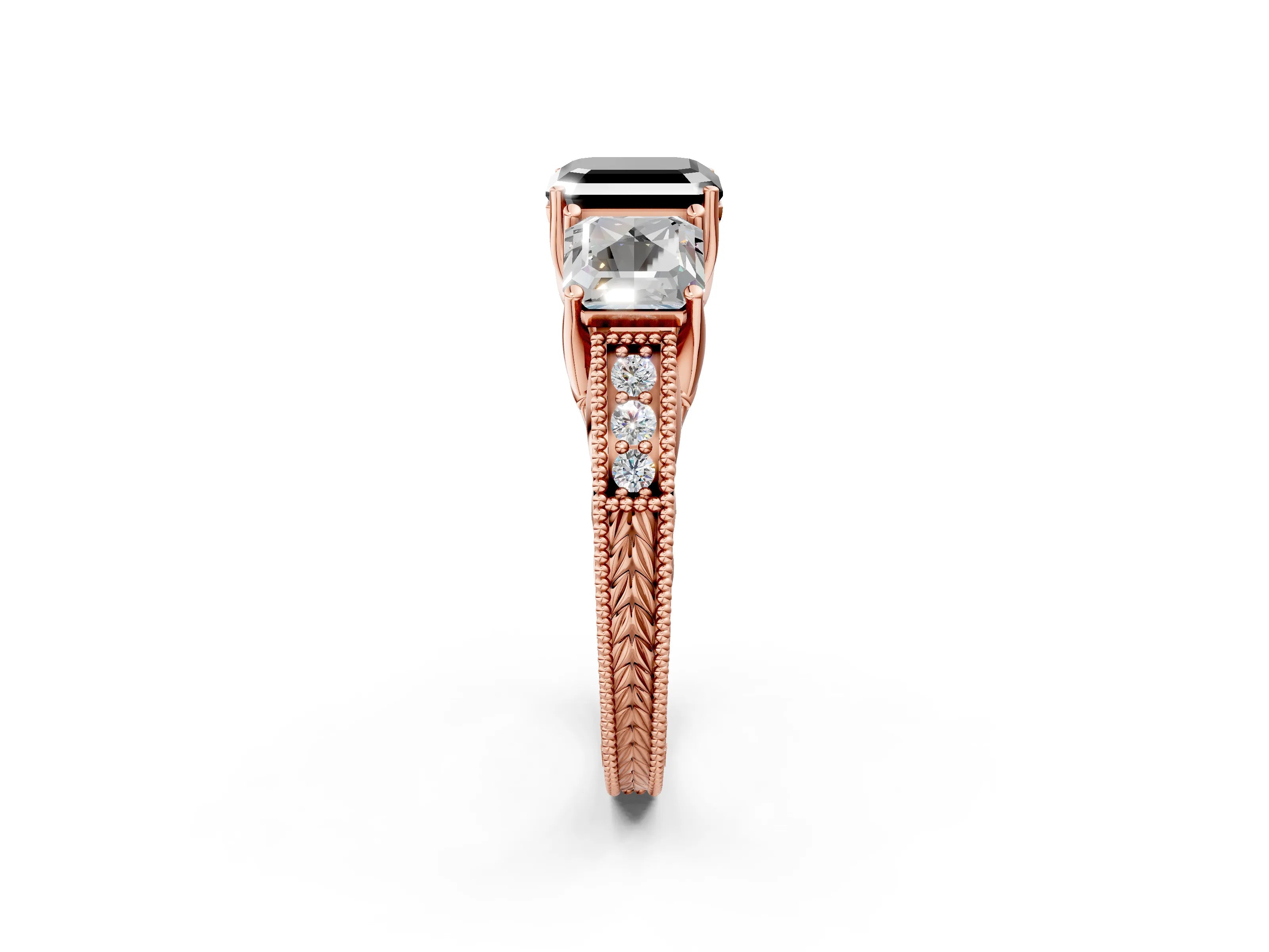 Rose gold Three-Stone Fancy Black Asscher Cut Cut Milgrain Pavé Engagement Ring_14