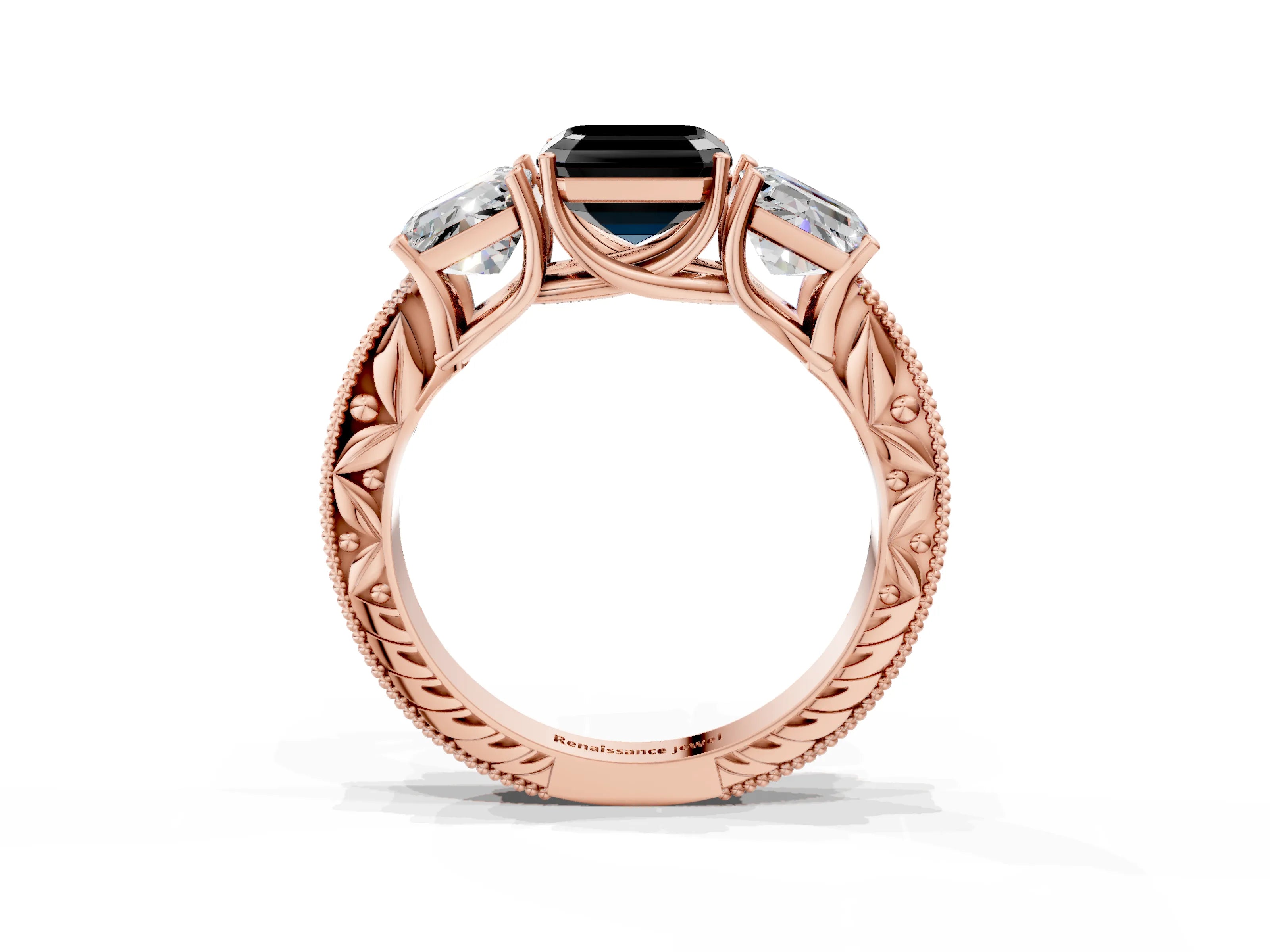 Rose gold Three-Stone Fancy Black Asscher Cut Cut Milgrain Pavé Engagement Ring_15