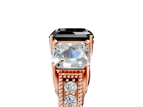 Rose gold Three-Stone Fancy Black Asscher Cut Cut Milgrain Pavé Engagement Ring_17
